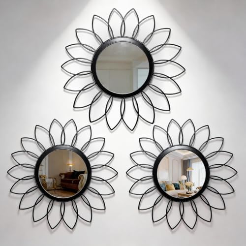Black Flower Mirror Set of 3, Floral Petal Accent Mirror Wall Decor by HMANGE
