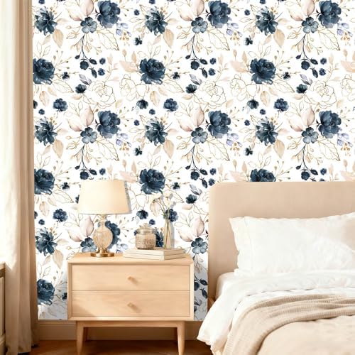Navy Blue Floral Peel and Stick Wallpaper 17.7"x393.3" - Image 2