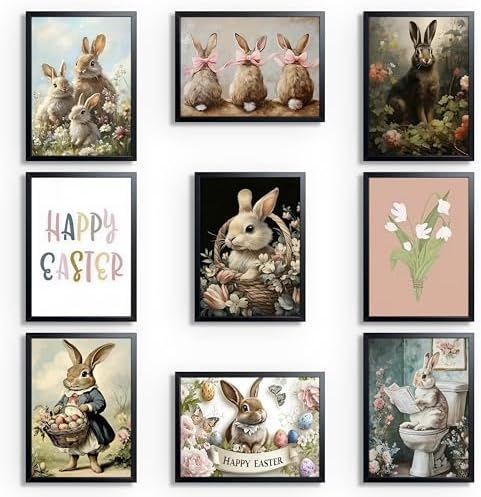 Vintage Easter Bunny Wall Art Set of 9, Cute Rabbit Canvas Print Prints by Unknown