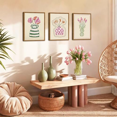 Framed Boho Floral Canvas Wall Art Set of 3, Abstract Botanical Pictures Prints - Image 3