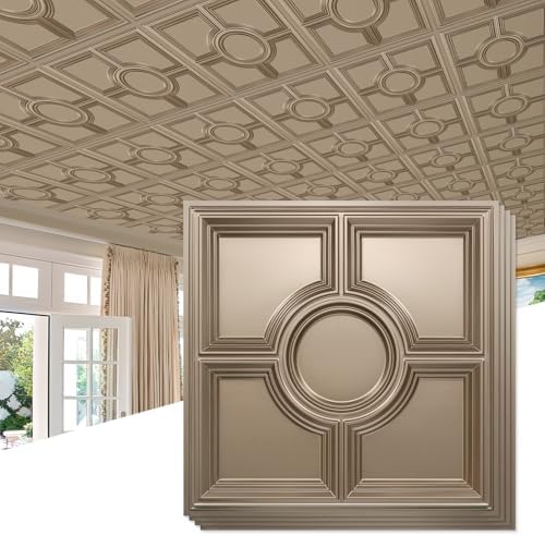 STICKGOO PVC Ceiling Tiles, Antique Gold Decorative Drop Ceiling Tiles 24 x 24in by STICKGOO