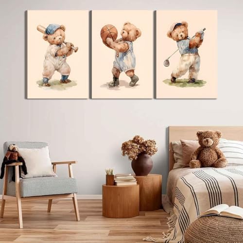 Teddy Bear Sports Nursery Animal Canvas Wall Art Cute Woodland Rugby Wall Decor - Image 2