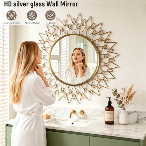 Sunburst Round Wall Mirror Modern Gold Frame Glam Home Decor 36" - Image 3