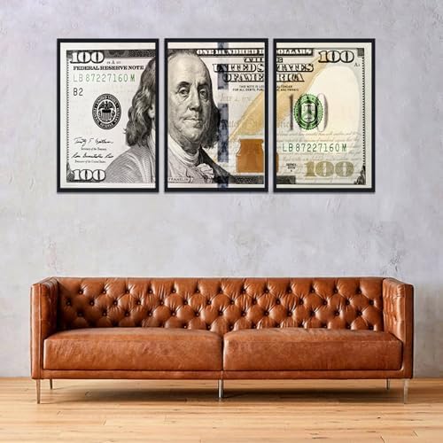 Black Framed Vintage Canvas Wall Art Benjamin Franklin 100 Dollar Money - Image 4