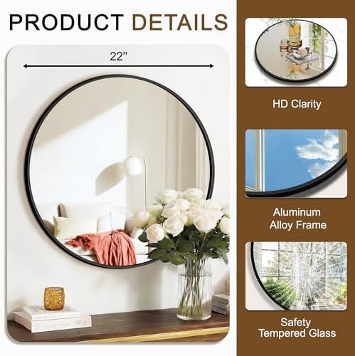 FGU Round Bathroom Mirror for Over Sink 22" Black Circle Wall Mirror - Image 3