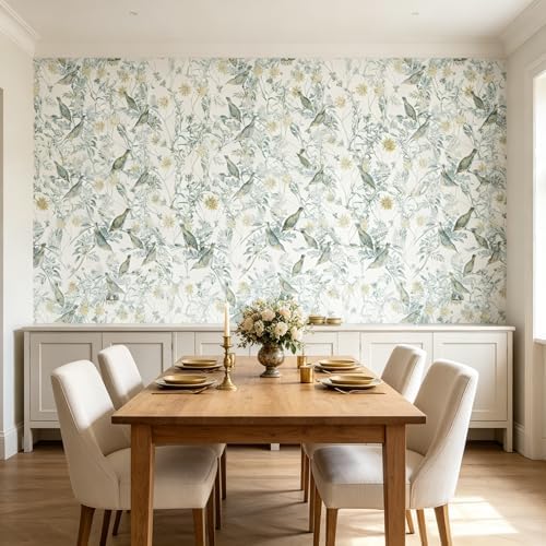 Peel and Stick Wallpaper White/Green Vintage Floral & Birds Self Adhesive - Image 6
