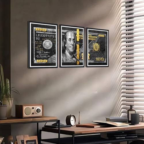 Money Wall Art Canvas Black Framed 100 Dollar Bill Painting 3 Panels - Image 4