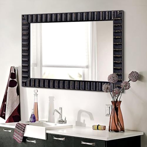 Modern Wooden Black Bathroom Mirror, Rectangular Relief Frame, Tempered Glass - Image 7