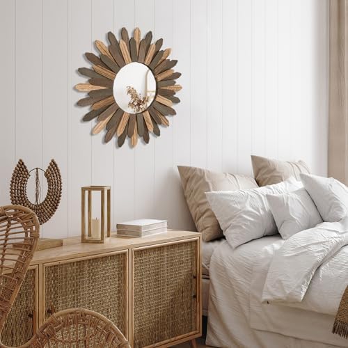 Emfogo Wall Mirror 21 inch Large Rustic Wood Boho Mirror Wall Decor Boho Room - Image 6