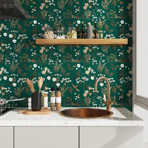 Laatse Vintage Dark Green Gold Floral Peel and Stick Wallpaper 17.5"x118" - Image 4