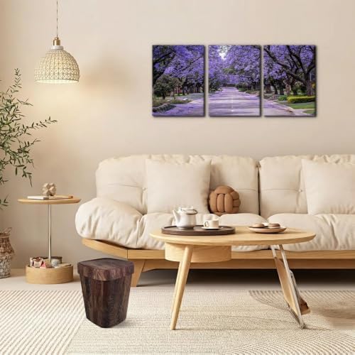 Pacimo Purple Trees Canvas Wall Decor 3 Pieces Forest Road Wall Art Paintings - Image 2