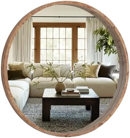 WallBeyond 28 Inch Round Wood Mirror, Burlwood Grain Wood Frame Circle Mirror by WallBeyond