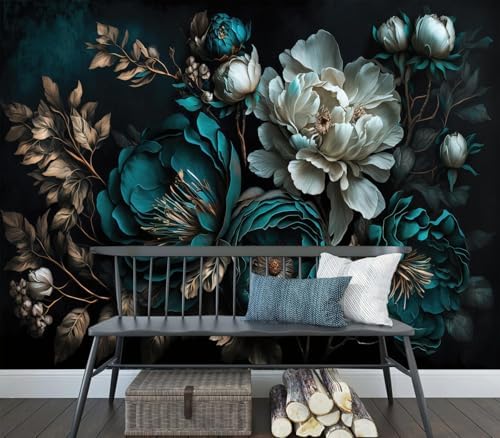 Luxurious Moody Dark Teal & Cream Peony Floral Wallpaper Mural - Image 3
