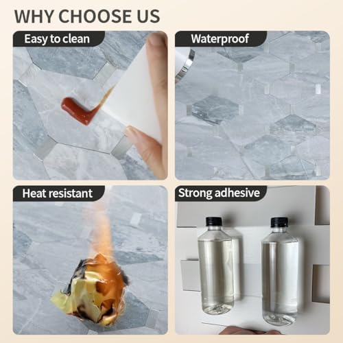 DICOFUN 1 Sheet Grey Marble Long Octagon Peel and Stick Backsplash, Faxu Stone - Image 5