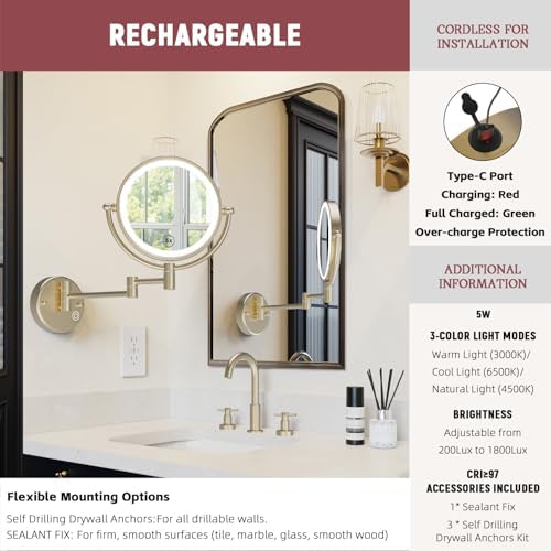 8" Rechargeable Brass Wall Mounted Magnifying Mirror - Image 2