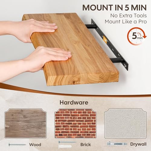 48" Floating Shelves, Solid Elm Wood, Natural Live Edge - Image 5