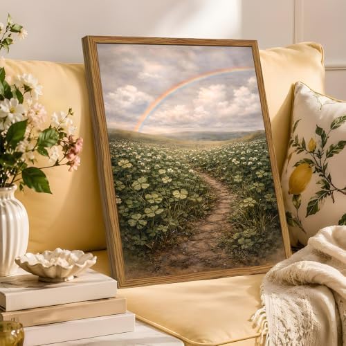 Framed Vintage Landscape Canvas Wall Art, Rustic Wildflower Field Rainbow - Image 2
