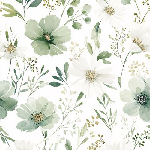 Sage Green Floral Peel and Stick Wallpaper 17.7" x 118" by Akodm