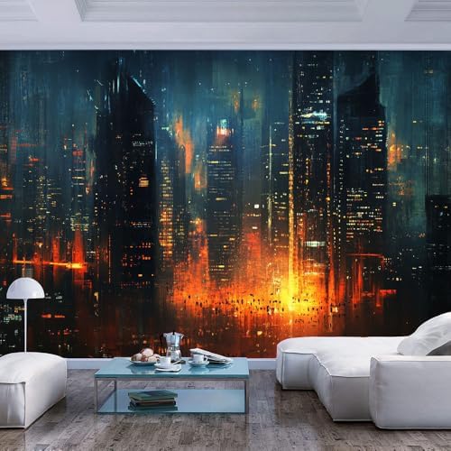 Teal Orange 3D Wall Mural Wallpaper Neon City At Night Cyberpunk Dramatic Style by Unknown