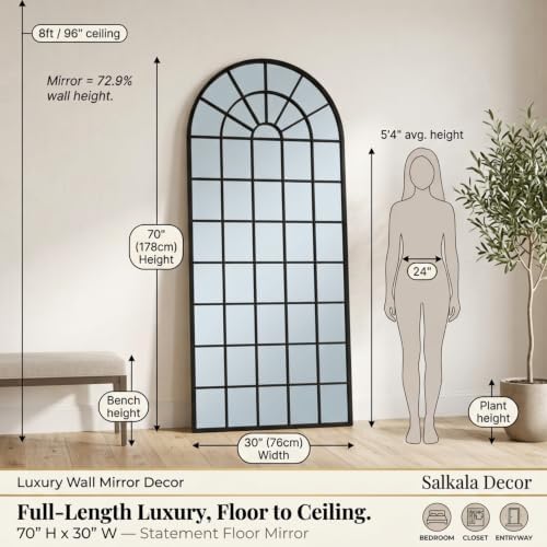 70x30Inch Large Arched Window Pane Mirror| Black Arched Mirrors - Image 2