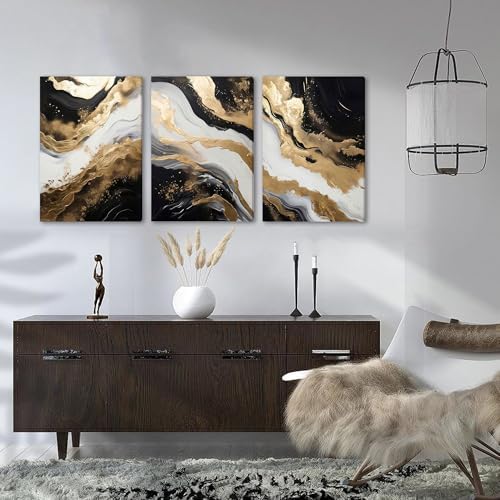 EJPFOGV Triptych Black White Gold Wrapped Canvas Wall Art 16x24 inches x3 - Image 2