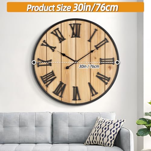 Large Wall Clock 30IN, Silent Metal Wood Style Wall Clocks Battery Operated - Image 3