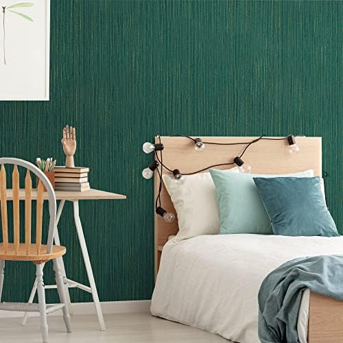 VEELIKE Textured Teal Green Grasscloth Peel and Stick Wallpaper 32''x118'' Faux - Image 4