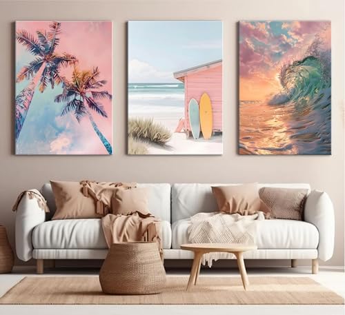 3Pcs Coastal Beach Wrapped Canvas Wall Art, Preppy Tropical Summer Decor - Image 2