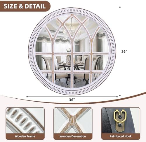 Rustic Farmhouse Round Window Mirror, 36 Inch Wood Frame Wall Mirrors - Image 2