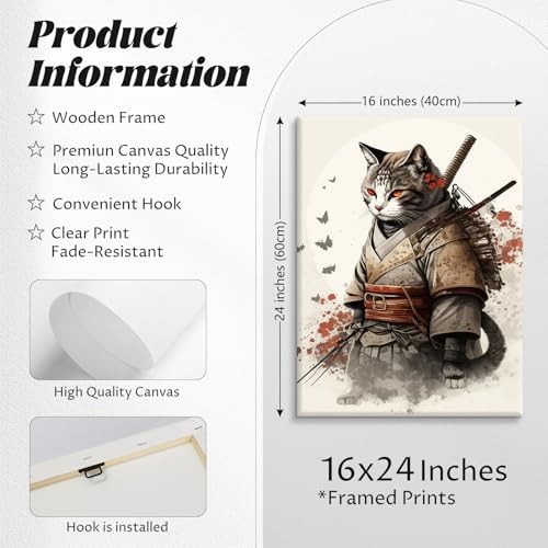 Japanese Cat Wall Art Poster Samurai Cat Canvas Wall Decor Japanese Anime - Image 2