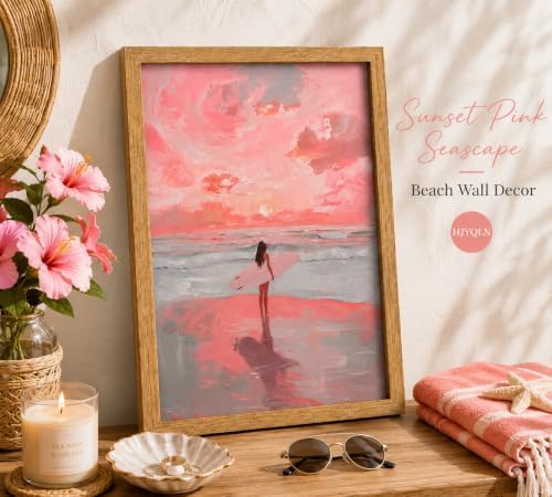 Framed Pink Surfer Girl Canvas Wall Art, Sunset Girly Picture Wall Decor - Image 3
