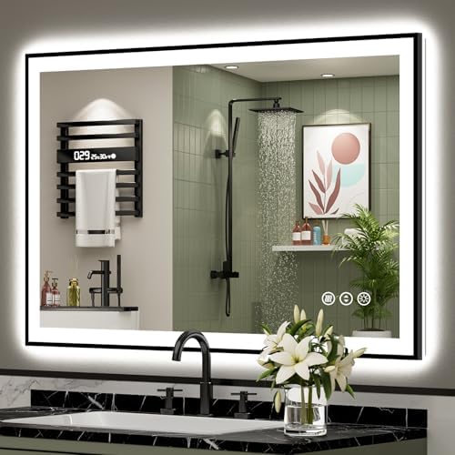 44x32 Black LED Bathroom Mirror, Backlit & Front Lit Lighted Mirror by Awandee