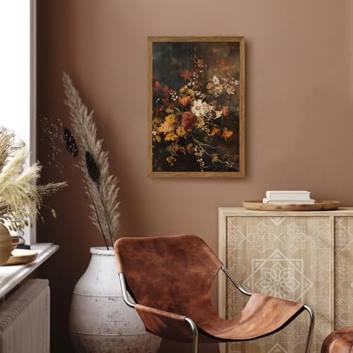AVECCO Vintage Dark Botanical Floral Wall Art Canvas Framed 16x24 inch - Image 2