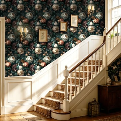 BOKEBEVE Vintage Floral Wallpaper Peel and Stick Black Design 17.5 x 118In - Image 5
