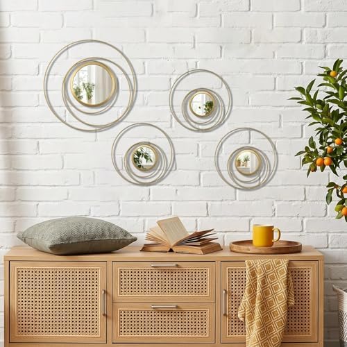 4 Piece Gold Round Wall Mirror Set Modern Metal Circles - Image 3