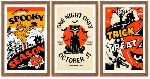 3Pcs Framed Vintage Black Cat Trick or Treat Halloween Wall Art 8x10inch by QWETYY666WallArt