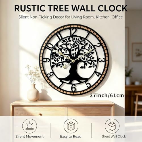 Large Wall Clock for Living Room Decor Tree of Life Metal Wall Art, Non-Ticking - Image 2