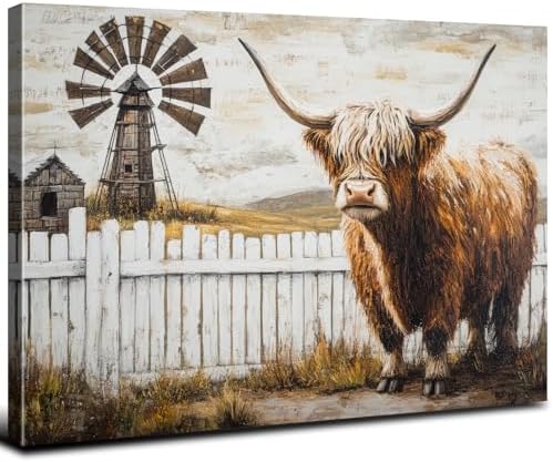 Retro Highland Cow Wall Art for Living Room Country Barn Pictures Wall Decor by AREBOLOLLC