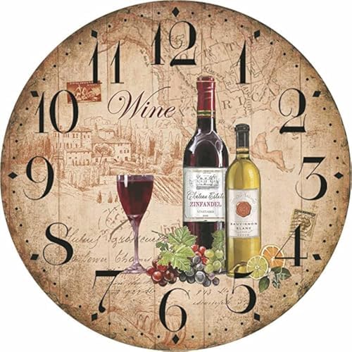 oumao 12" Retro Vintage Wine Pattern France Style Non-Ticking Silent Wooden by Unknown