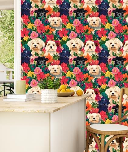 BOKEBEVE Dogs Floral Wallpaper Peel and Stick Boho Colorful 17.5 x 118In - Image 4