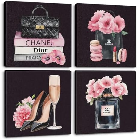 4 Pcs Fashion Canvas Wall Art, Framed Pink and Black Wall Decor 8 x 8 Inch by QINGTAI