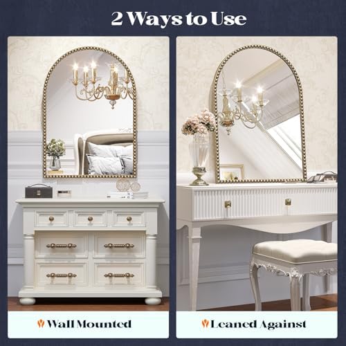 Arched Beaded Mirror for Bathroom, Retro Brass Metal Frame Champagne Bronze - Image 6