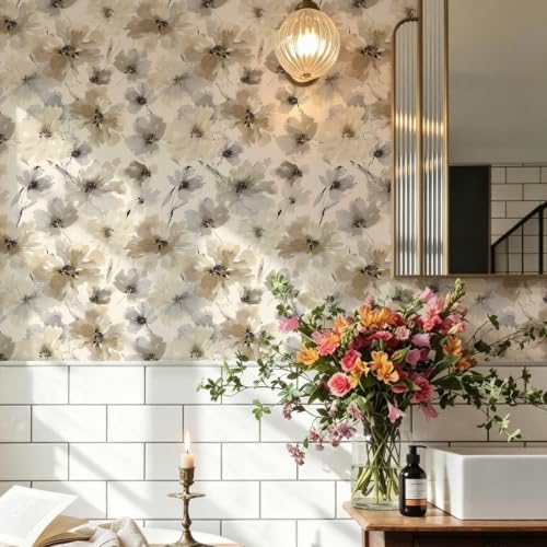 JiffDiff Beige Flower Watercolor Flower Peel and Stick Wallpaper, Honey Wheat - Image 5