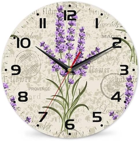 Vintage Floral with Lavenders Wall Clock Silent Non-Ticking Battery Operated by DEMACYA