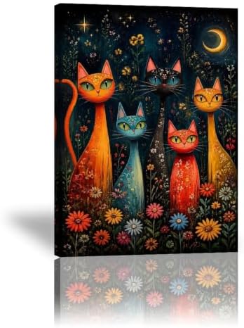 Colorful Cat Family Poster Whimsical Cat Family Canvas Wall Art by Unknown