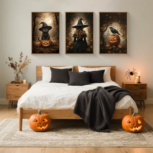 Halloween Spooky Witch Black Cat Raven Framed Canvas Wall Art Set-24"x36"x3 - Image 5