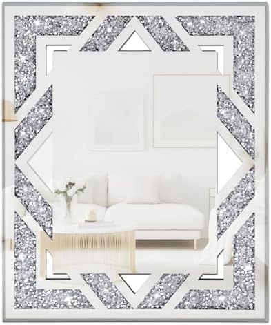 Rectangular Hollow Crushed Diamond Decorative Mirror, 17”x21.6“ Silver Crushed by WALTSOM