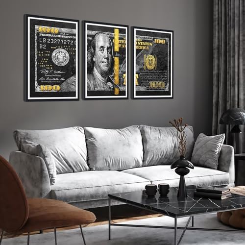 Money Wall Art Canvas Black Framed 100 Dollar Bill Painting 3 Panels - Image 5