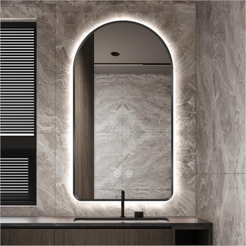 40" H x 24" W Black Arched LED Bathroom Mirror, Backlit Vanity Mirror by SIEANE