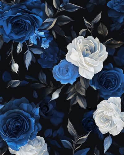 BOKEBEVE Dark Floral Wallpaper Peel and Stick Vintage Blue 17.5 x 118In by BOKEBEVE